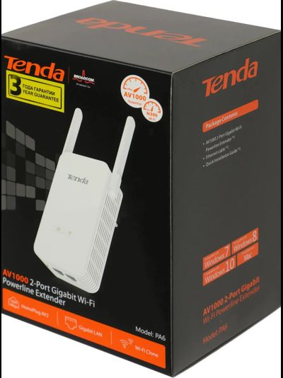 Сетевой адаптер Wi-Fi 2.4ГГц Powerline TENDA PA6 Gigabit Ethernet  AV1000 2-портовый повторитель (1 шт.)