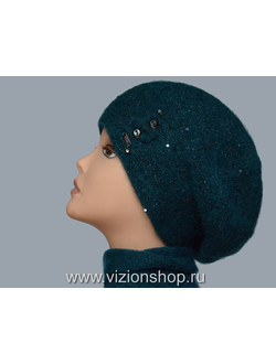 Вязаный женский берет с пайетками изумрудного цвета фото беретов Италии Vizio