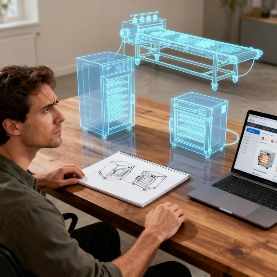 Мужчина думает, какую выбрать сушилку для фруктов, представляя различные варианты