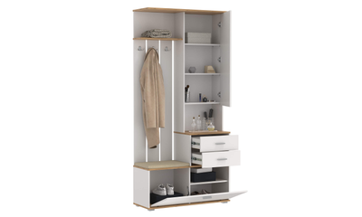 Антре 65.08 Шкаф для прихожей с зеркалом Белый/дуб вотан/ДВПО белый/ткань велюр велутто кремовый 18