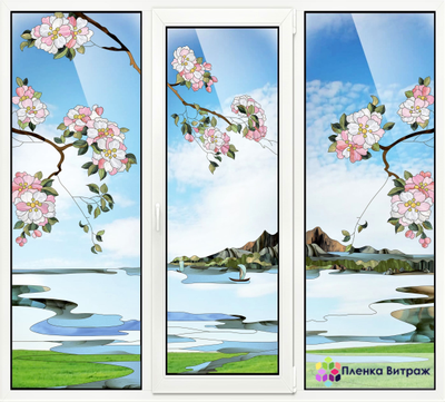 Витражная пленка, витражная пленка самоклеющаяся под заказ,пленочный витраж флора с озером