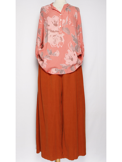 РУБАШКА БОХО "Карман пайетки" размытые цветы коралл, желтая до р.54