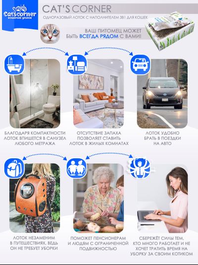 Заказать одноразовый лоток-туалет с наполнителем "Cat'scorner. Кошачий уголок". Короб универсальный
