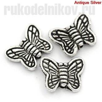 бусина металлическая "Бабочка", цвет-античное серебро, 10 шт/уп