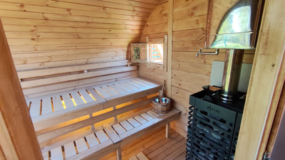 Баня-бочка с панорамным окном "ОКО" Комфорт+