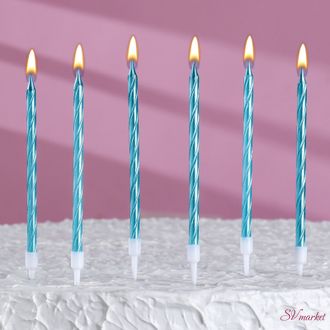 Свечи в торт витые с подставкой, 6 шт, 14 см, небесно-голубой