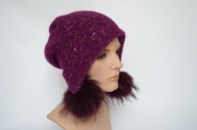 Женская вязаная шапка ушанка фуксия Визио 8022