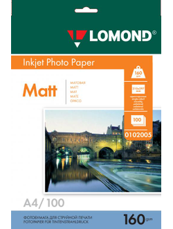 Односторонняя Матовая фотобумага Lomond для струйной печати, A4, 160 г/м2, 100 листов.