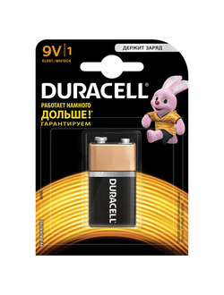 Батарейка DURACELL Basic, 6LR61 (КРОНА), Alkaline, 1 шт., в блистере, 9 В