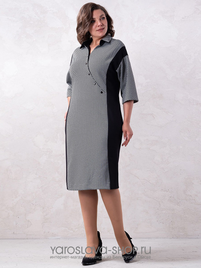 Элегантное трикотажное платье серо-черного цвета с рубашечным воротником