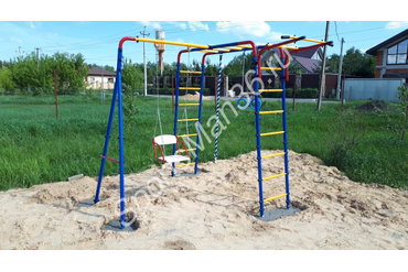 УЛИЧНЫЙ ДЕТСКИЙ СПОРТИВНЫЙ КОМПЛЕКС СЕРИИ «ЮНЫЙ АТЛЕТ»: Качели (цепной подвес, подшипниковая опора), Кольца с перекладиной, Канат трехцветный, Турник регулируемый