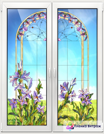 Витражная пленка, витражная пленка самоклеющаяся под заказ,пленочный витраж флора с лилиями