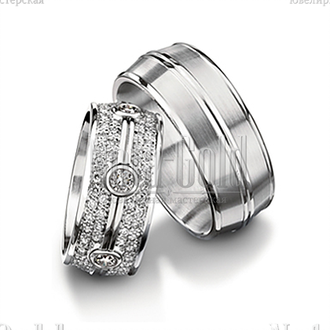 Обручальные кольца из белого золота с прямыми дорожками с бриллиантами в женском кольце с вогнутым п