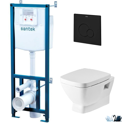 Комплект ПЭК Santek Нео 1.WH50.1.776. Инсталляция с кнопкой (черный, матовый) и подвесной унитаз с сиденьем микролифт