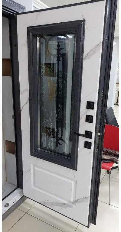 1200*2050. ВИЛЛАДЖ  115 мм. СТАЛЬ 1,5 мм. ГРАФИТ БУКЛЕ/ МРАМОР НАТУРАЛЬНЫЙ/ КОВКА ВНУТРИ СТЕКЛОПАКЕТА