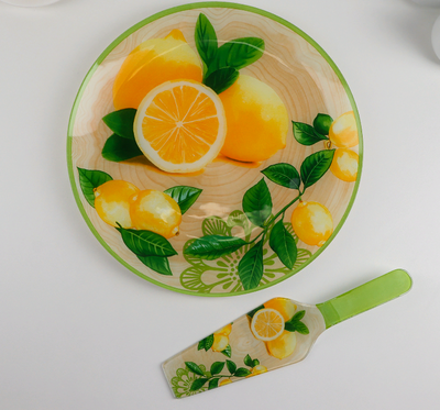 Тортовница стеклянная с лопаткой «Лимон», d=30 см, лопатка 26,5×7 см