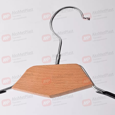 AM010 (SHL010) Вешалка металлическая с прорезиновыми плечиками и с деревянной вставкой цвет: натуральное дерево