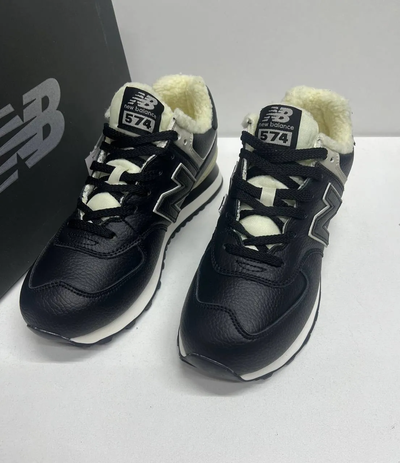 New Balance 574 Leather White Black с мехом