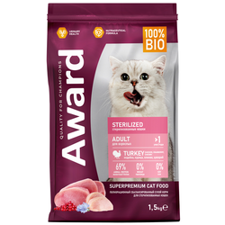 AWARD (Авард) Sterilized, сухой корм для стерилизованных кошек, Индейка с курицей, 1.5 кг