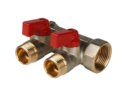 Коллектор распределительный STOUT с шаровыми кранами 1", 2 отвода 1/2" (красные ручки) (Арт. SMB 621