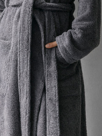 Женский махровый халат серый - карман и пояс