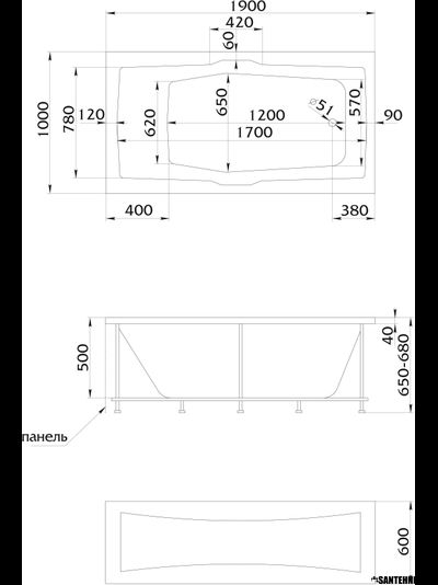 Ванна акриловая прямоугольная 1Marka KORSIKA 190x100 рама разборная + панель