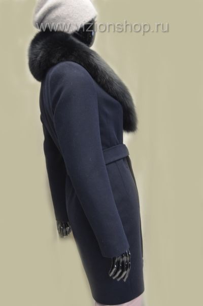 Синее пальто женское с меховым воротником Арти мода Arti moda 1441