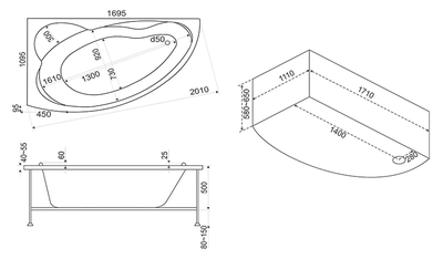 Акриловая гидромассажная ванна BAS Лагуна 170х110 правая