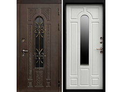 Дверь с ковкой и стеклопакетом Лацио венге с панелью лиственница