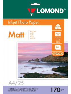 Двусторонняя Матовая/Матовая фотобумага Lomond для струйной печати, A4, 170 г/м2, 25 листов.