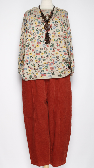 Брюки Бохо "Бананы вельвет строчки" красные р.46-52