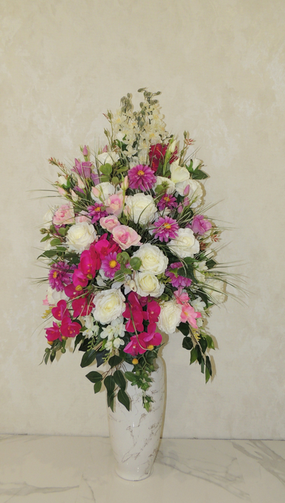 Композиция из искусственных цветов большая напольная Яркая Фантазия № НП009/Купить на АОАБУКЕТ
