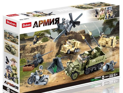 Конструктор SLUBAN серия "Армия" Набор с бронетранспортёром, самолетом, минометом, пушкой, мотоциклом