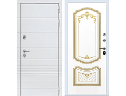Входная белая дверь Трендо с золотой патиной