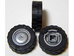 Wheel 11mm D. x 6mm with Smooth Hubcap with Black Tire 17.5mm D. x 6mm with Shallow Staggered Treads - Band Around Center of Tread 93594 / 92409, Flat Silver (93594c02)