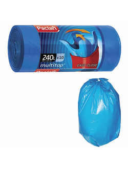 Мешки для мусора 240 л, с ушками, синие, рулон 10 шт., ПВД, 40 мкм, 90х145 см, PACLAN "Multitop", 134451