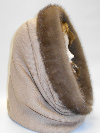 Шапка женская Снуд шарф трикотажный  натуральный мех норка бежевый арт. Ц-0229