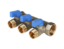 Коллектор распределительный STOUT с шаровыми кранами 3/4", 3 отвода 1/2" (синие ручки) (Арт. SMB 621