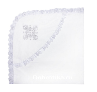 Крестильная пеленка 80х80см с вышитым крестиком на  капюшоне и кружевом по двум сторонам, серебро