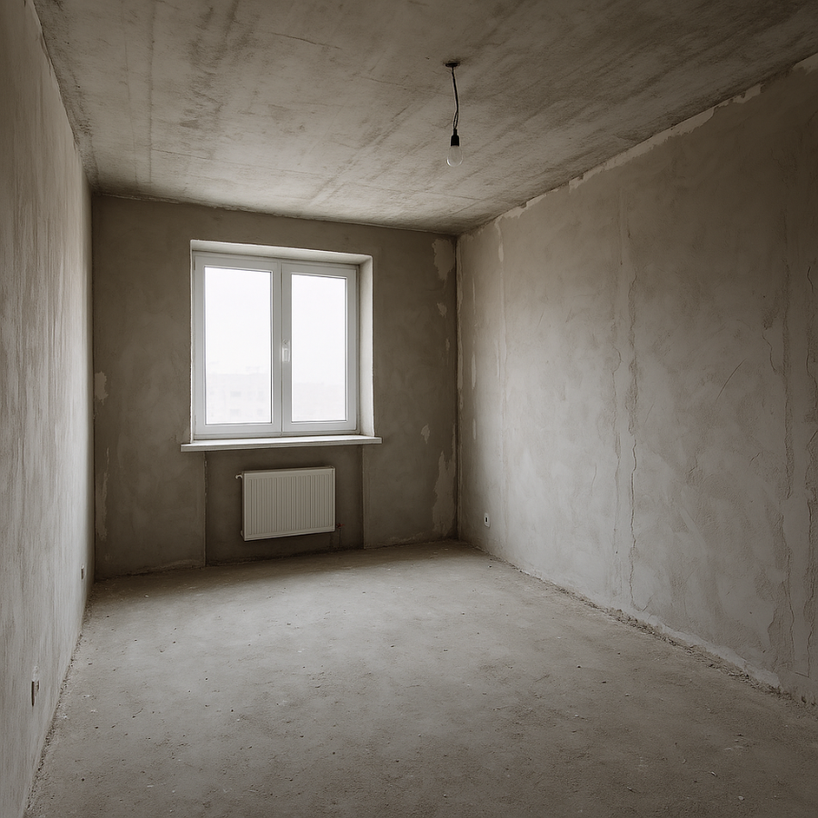 Цементная штукатурка М150 на стенах в процессе ремонта комнаты