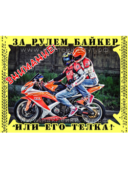 Виниловая наклейка на авто "За рулем байкер или его телка!". Знак на стекло "за рулем мотоциклист".