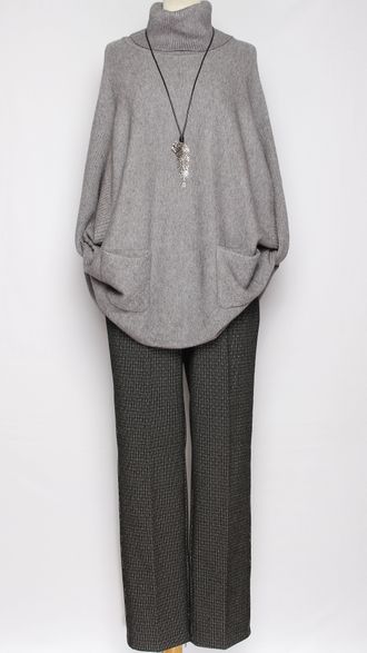 Свитер кимоно "КАРМАНЫ" серый, молочный, морская волна р.46-56