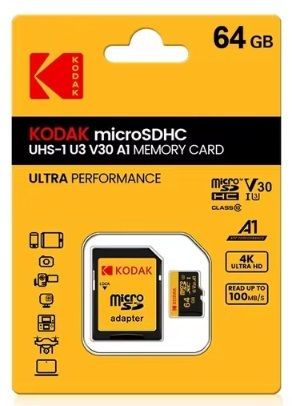 Карта памяти Kodak Micro SD, класс 10, UHS-1 U3 V30 A1 на 64 ГБ, чтение 100 МБ/с, запись данных 90 М