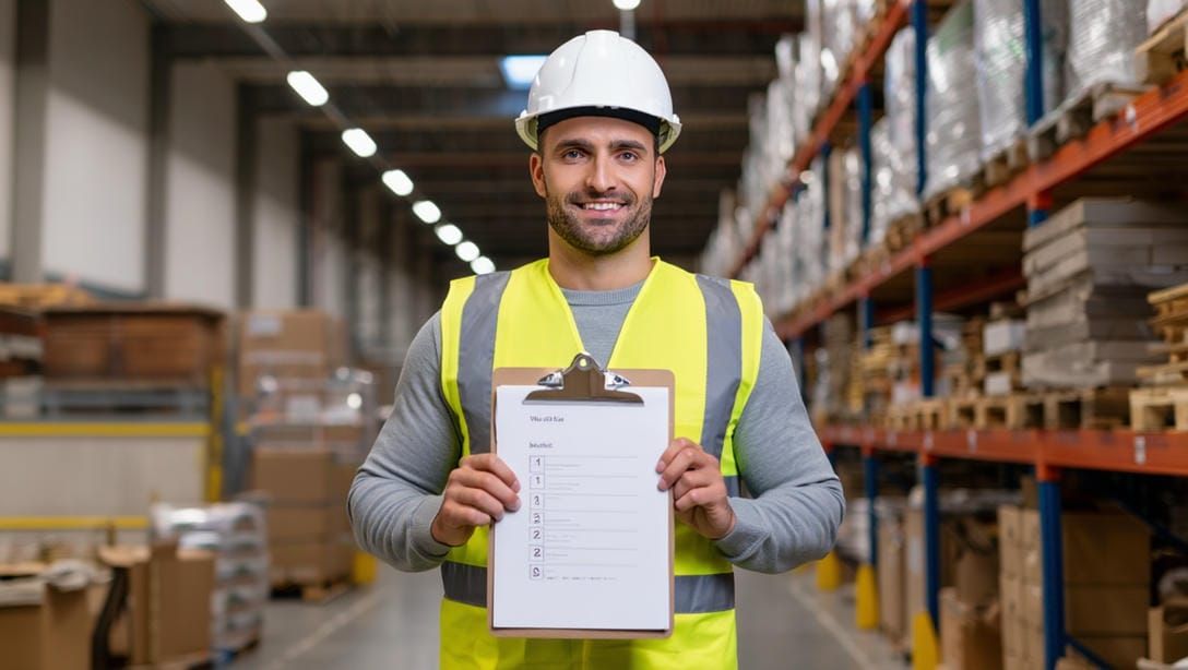 Пронумерованный чек‑лист по выбору светильников в руках инженера на складе