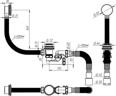 Сифон для ванны 1 1/2" х 40 регулир.,клик-клак перелив автомат,широкий грибок,хром,V512-18-MR [53915