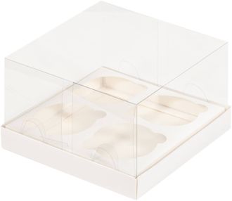 Коробка на 4 капкейка с прозр. куполом ПРЕМИУМ (белая), 160*160*100мм