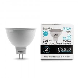 Gauss Elementary MR16 GU5.3 220V 3.5W(300lm) 4100K 4K 50x45 матовая пластик/алюм.13524