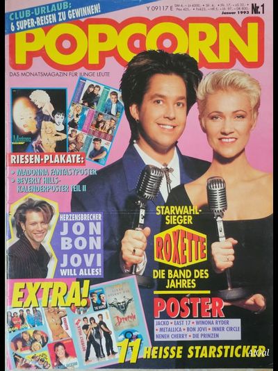 Popcorn Magazine January 1993 Roxette, Jon Bon Jovi, Ac Dc, Die Fantastishen Vier, Red Hot Chili Pep