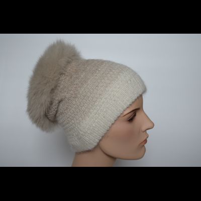Стильная шапка вязаная с мехом Vizio Италия 6711 TP белая с бежевым