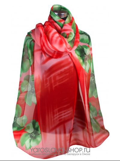 10683-19.Шифоновый палантин красного цвета с зелеными цветами.